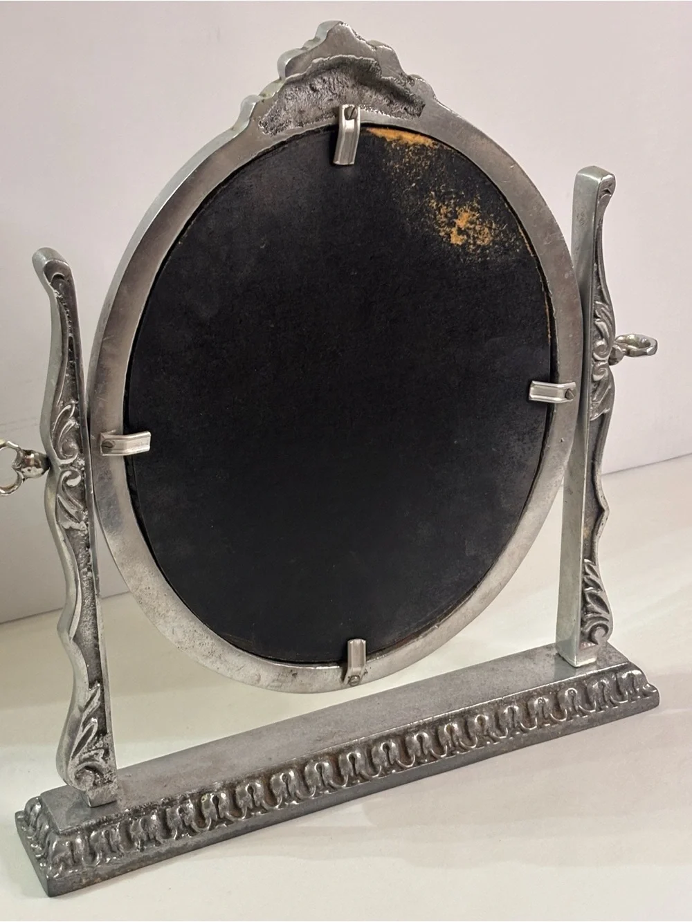 Pewter Silver Ornate Oval Freestanding Vanity Mirror